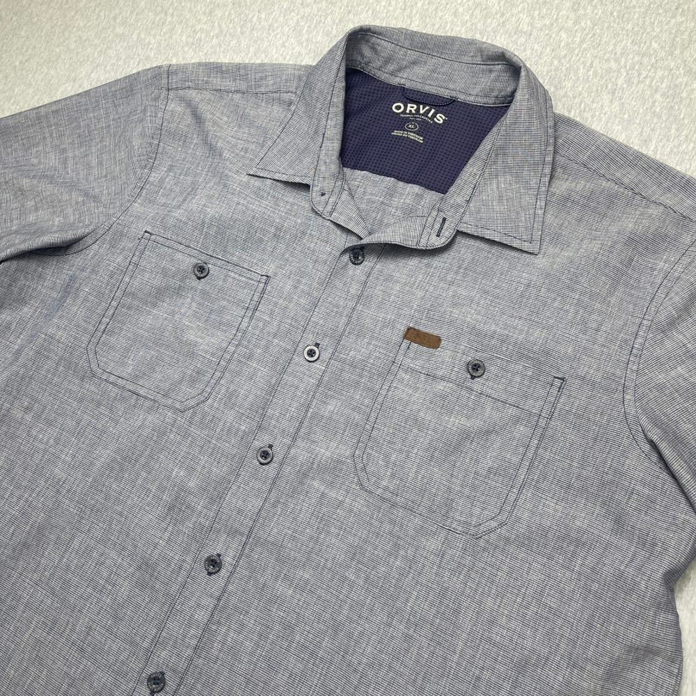 Orvis Shirt Mens XL Classic Collection Blue Short Sleeve Button Fishing Camp EUC